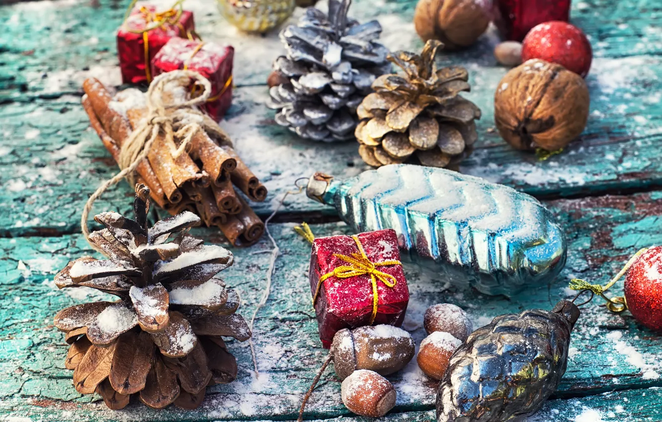 Photo wallpaper snow, decoration, balls, toy, new year, Christmas, Christmas, vintage