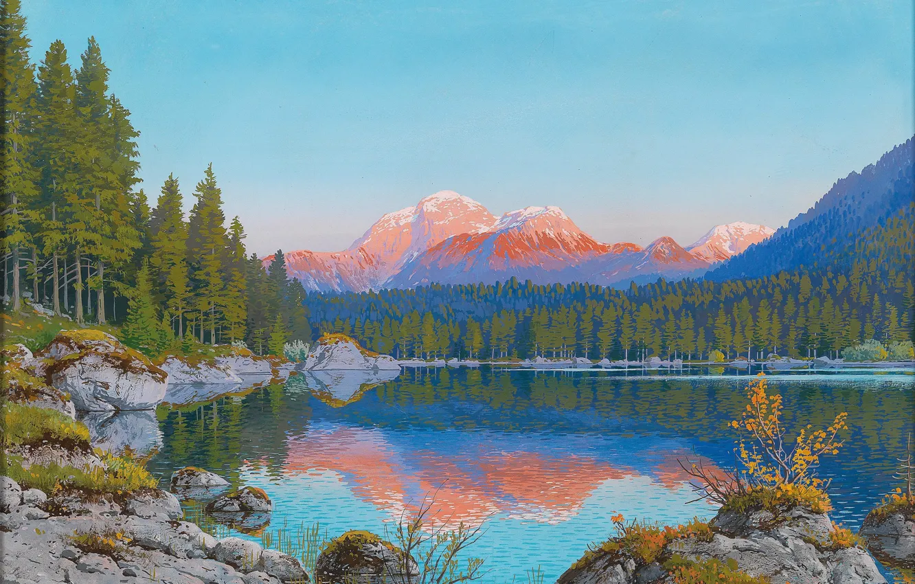 Photo wallpaper forest, landscape, mountains, lake, dawn, shore, Rudolf Resch REITHER