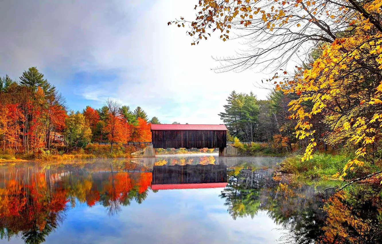 Photo wallpaper autumn, bridge, USA, NH