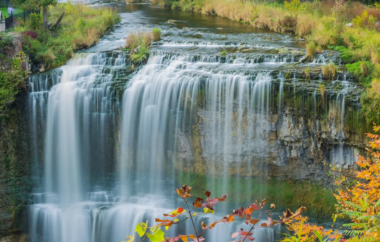 Photo wallpaper autumn, branches, nature, river, open, rocks, shore, foliage