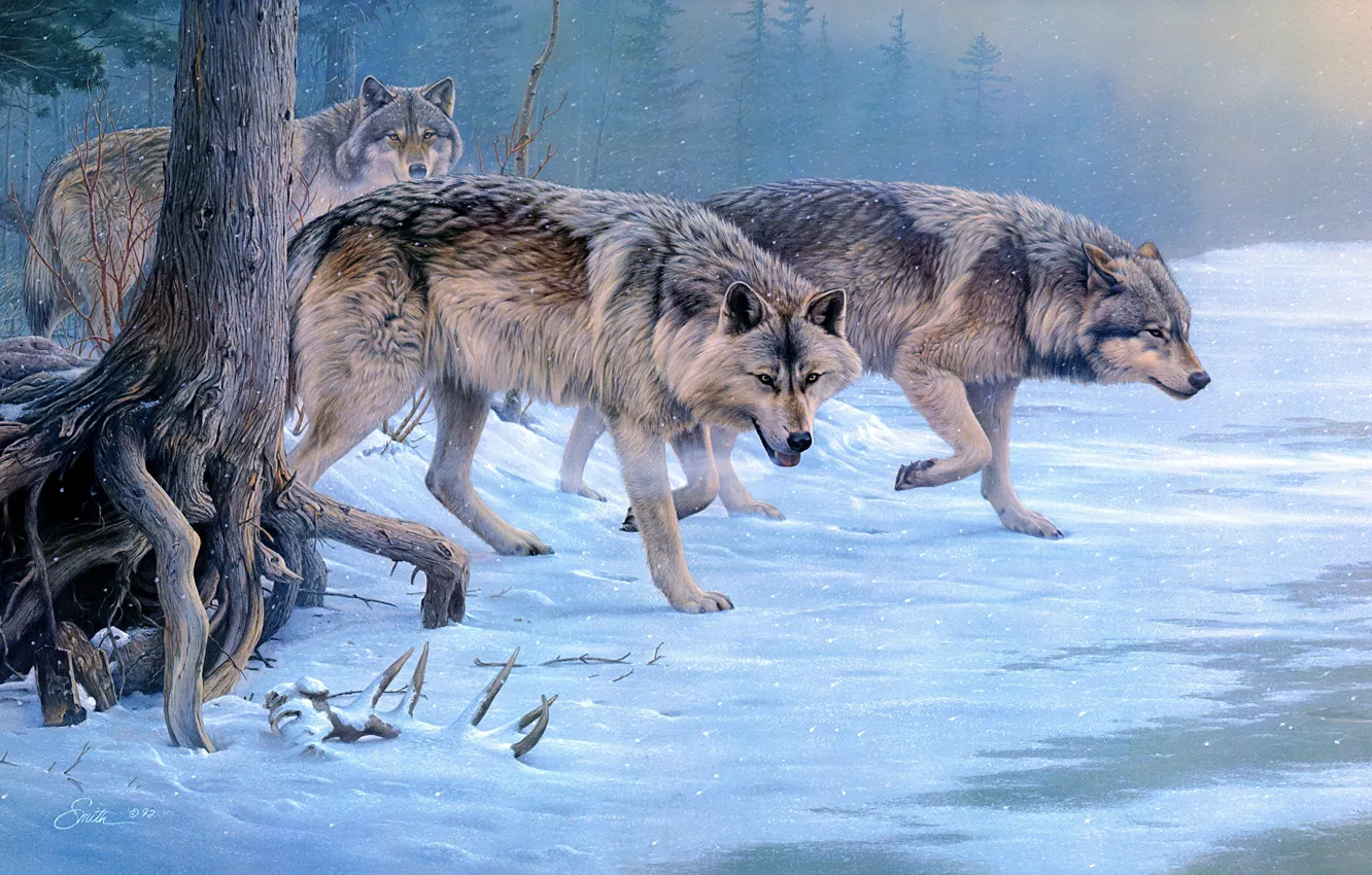 Photo wallpaper winter, forest, snow, pack, picture, art, wolves, painting
