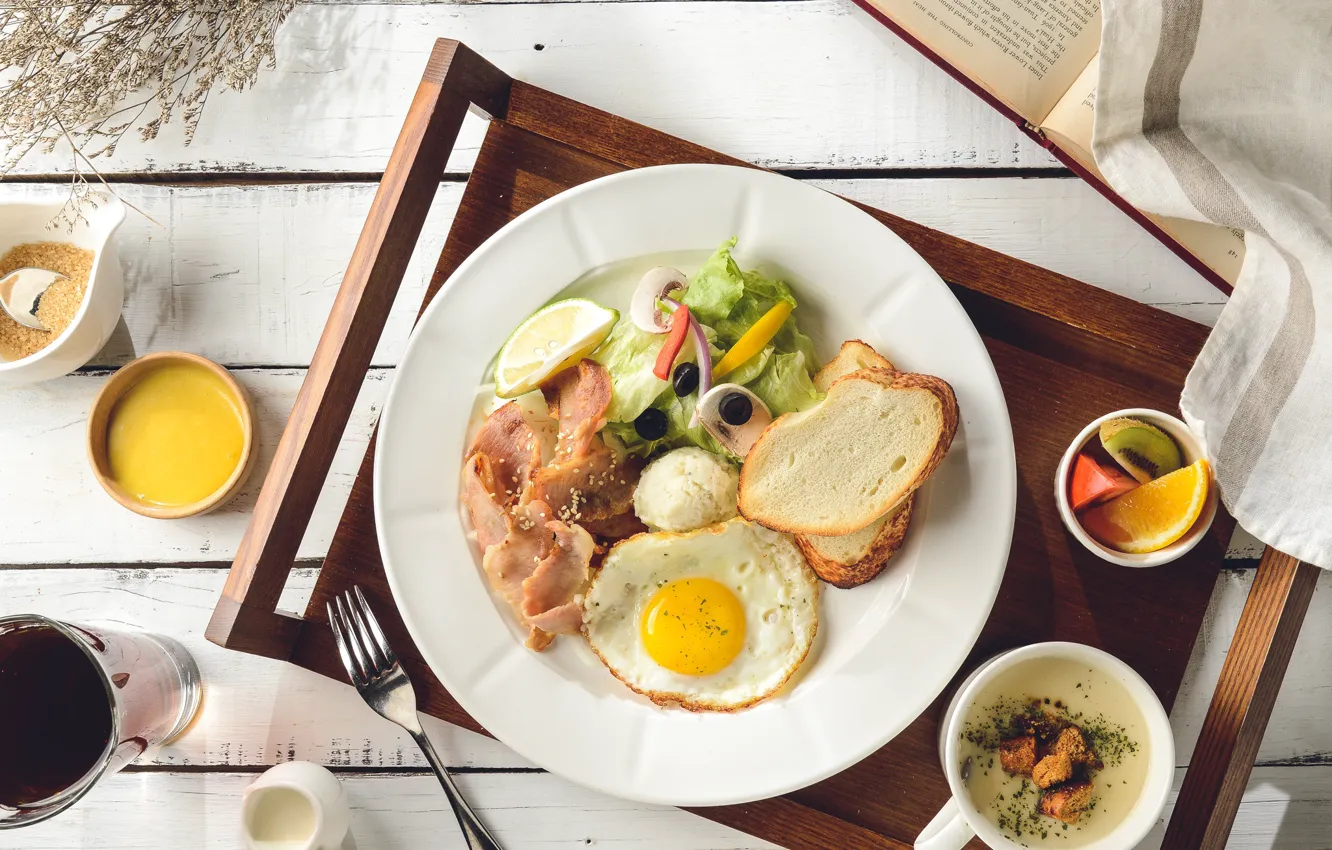 Photo wallpaper Breakfast, bread, scrambled eggs, vegetables