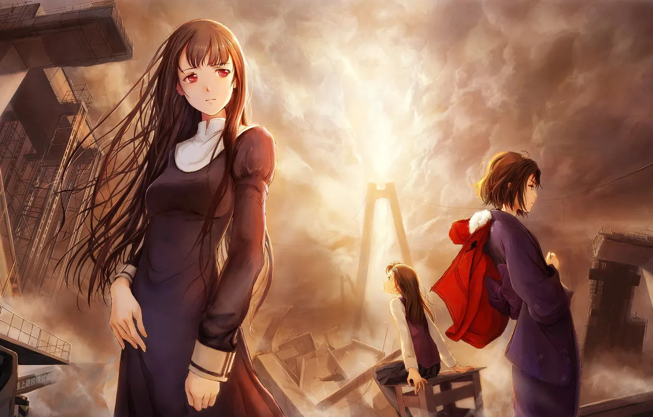 Photo wallpaper girl, the city, anime, devastation