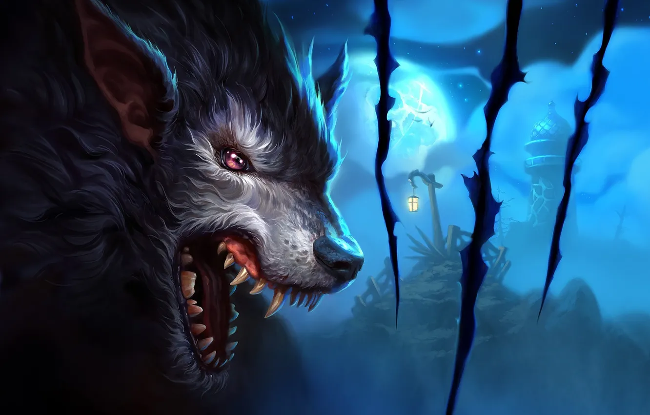 Photo wallpaper the moon, art, mouth, fangs, world of warcraft, worgen, unidcolor