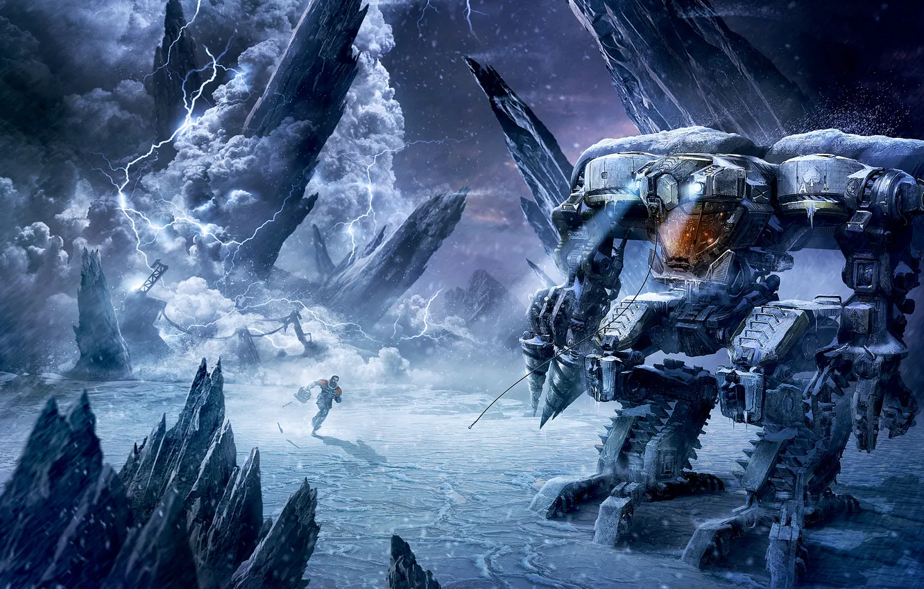 Photo wallpaper cold, winter, snow, lightning, robot, storm, art, fur