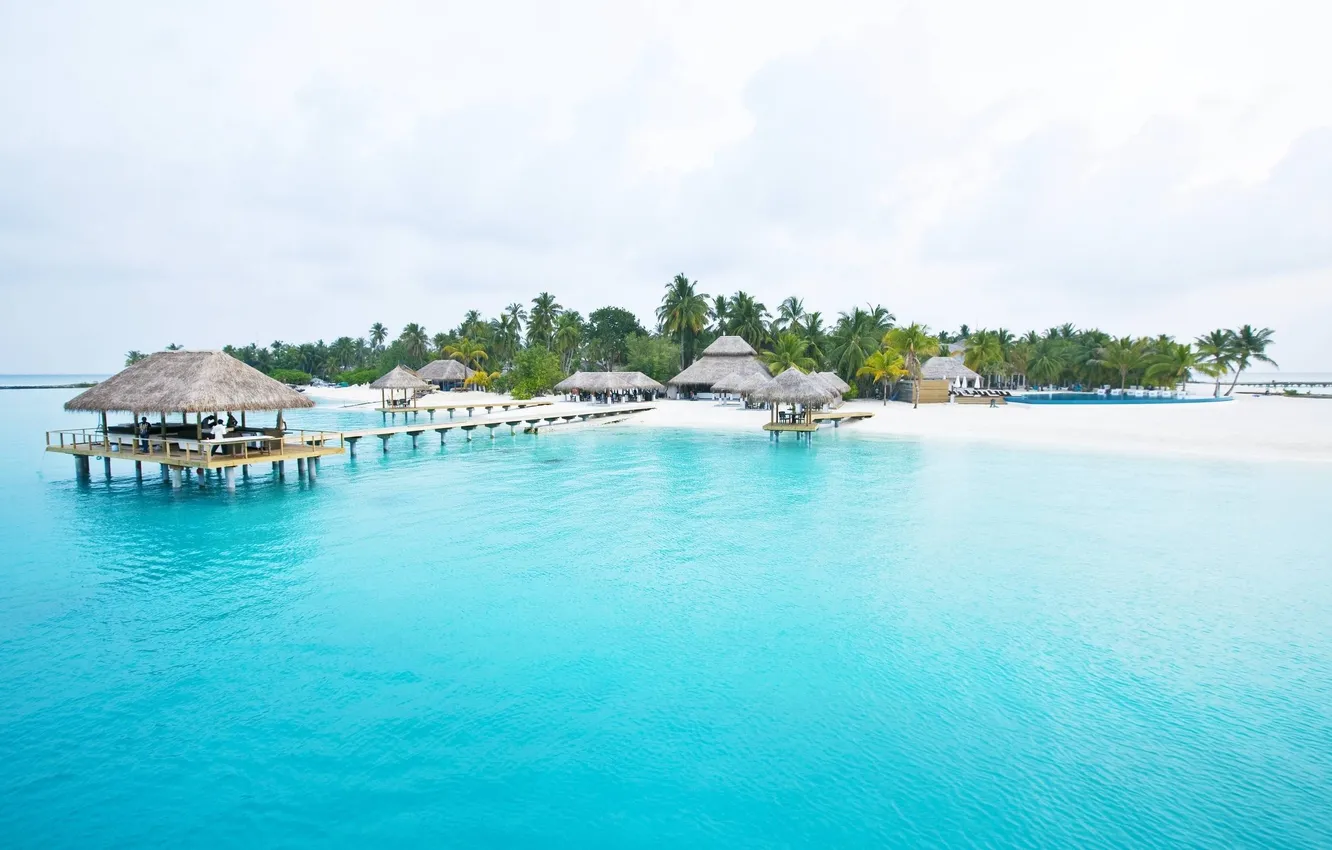 Photo wallpaper sand, sea, the sky, bridge, nature, tropics, palm trees, island