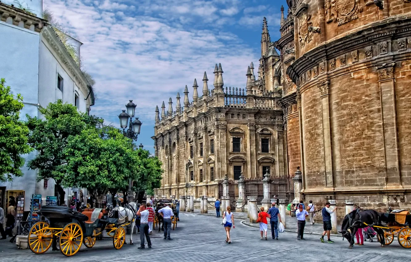 Photo wallpaper people, home, coach, Spain, bridge, Seville