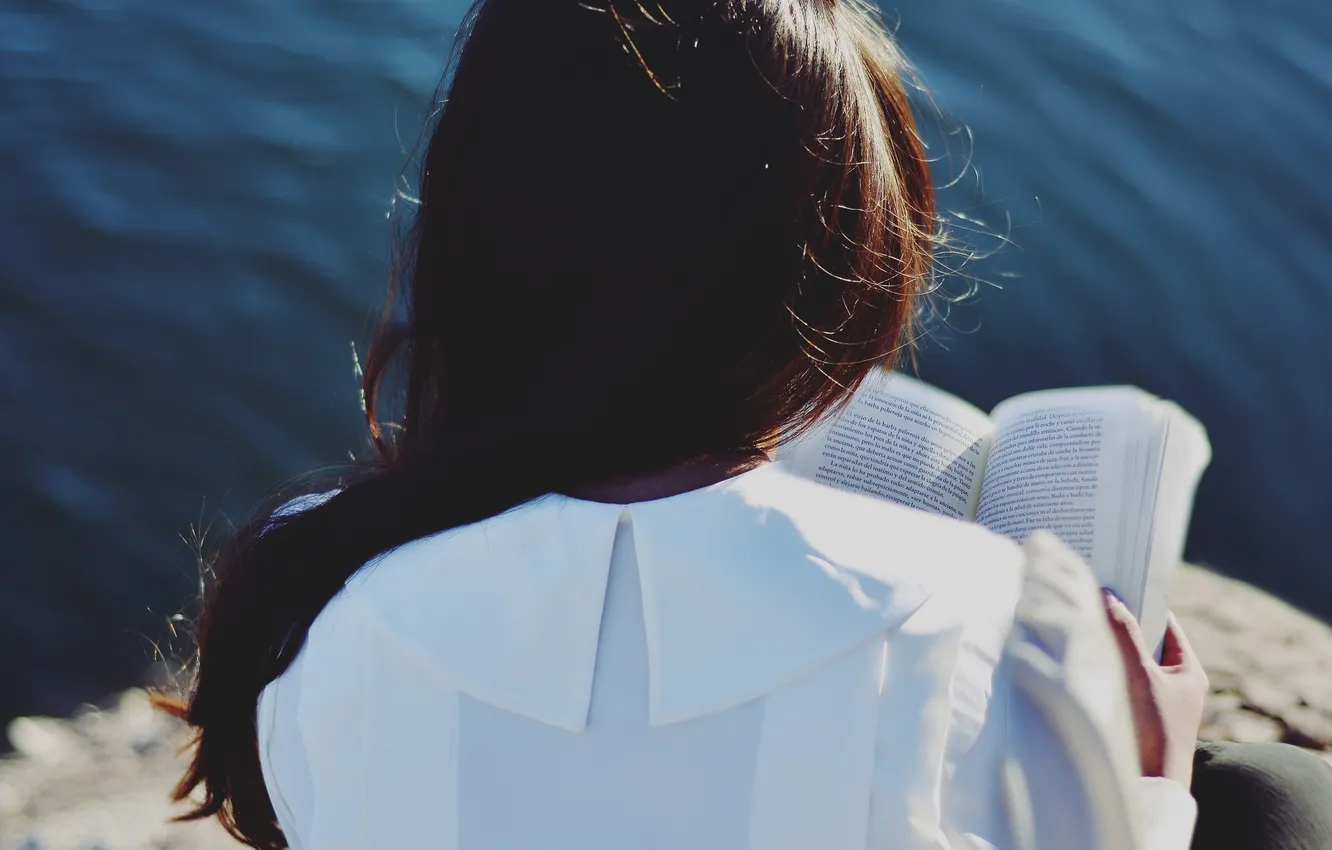Photo wallpaper girl, hair, back, blouse, book, reads