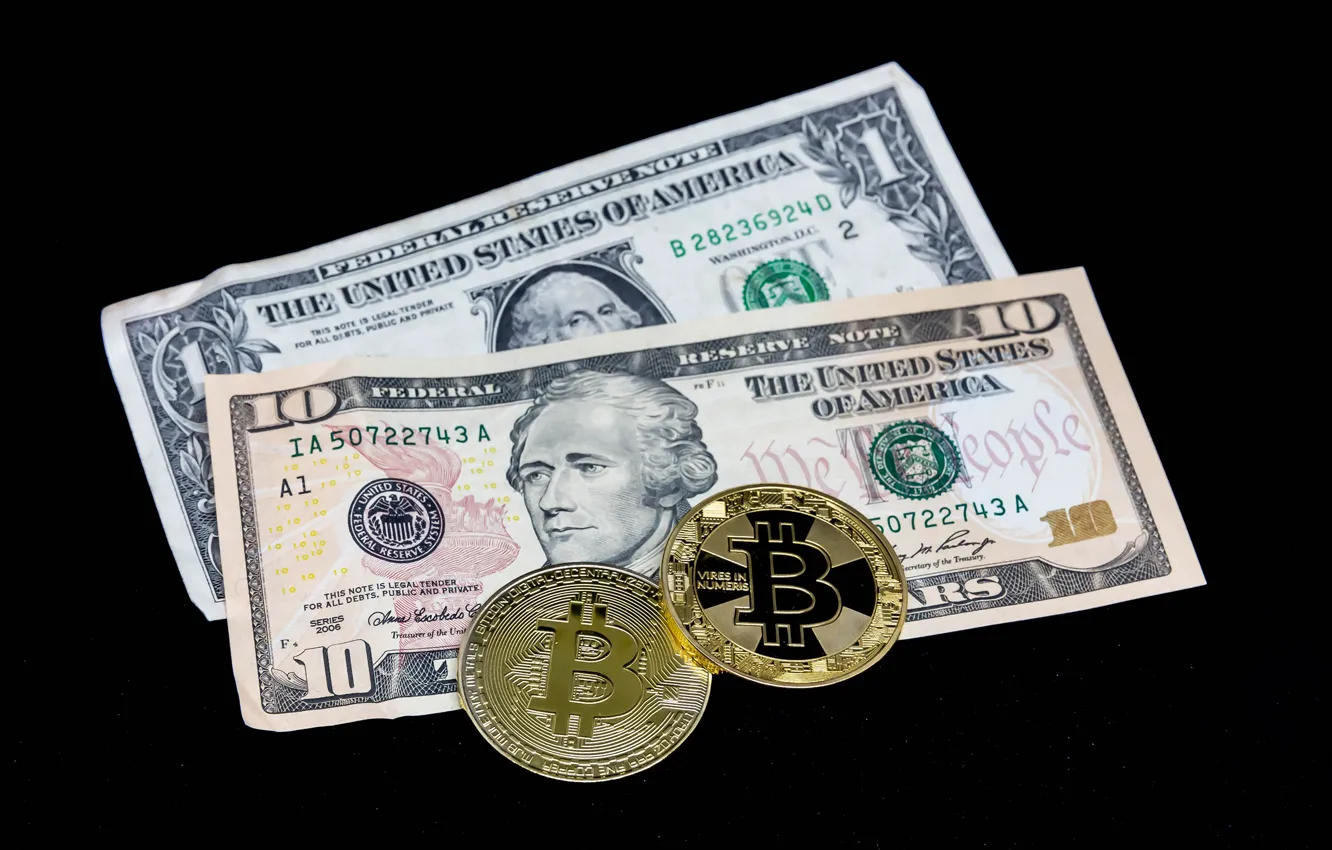 Photo wallpaper money, coins, dollars, black background, bills, Bitcoin, bitcoin