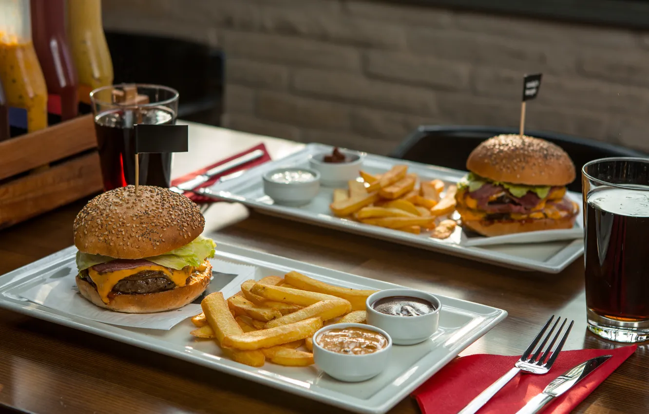 Photo wallpaper devices, plate, drink, sauce, Cola, roll, fast food, potatoes