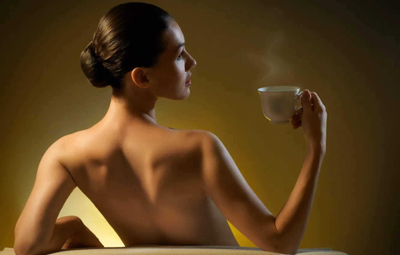 Photo wallpaper girl, back, coffee, hairstyle, Cup, haze, profile