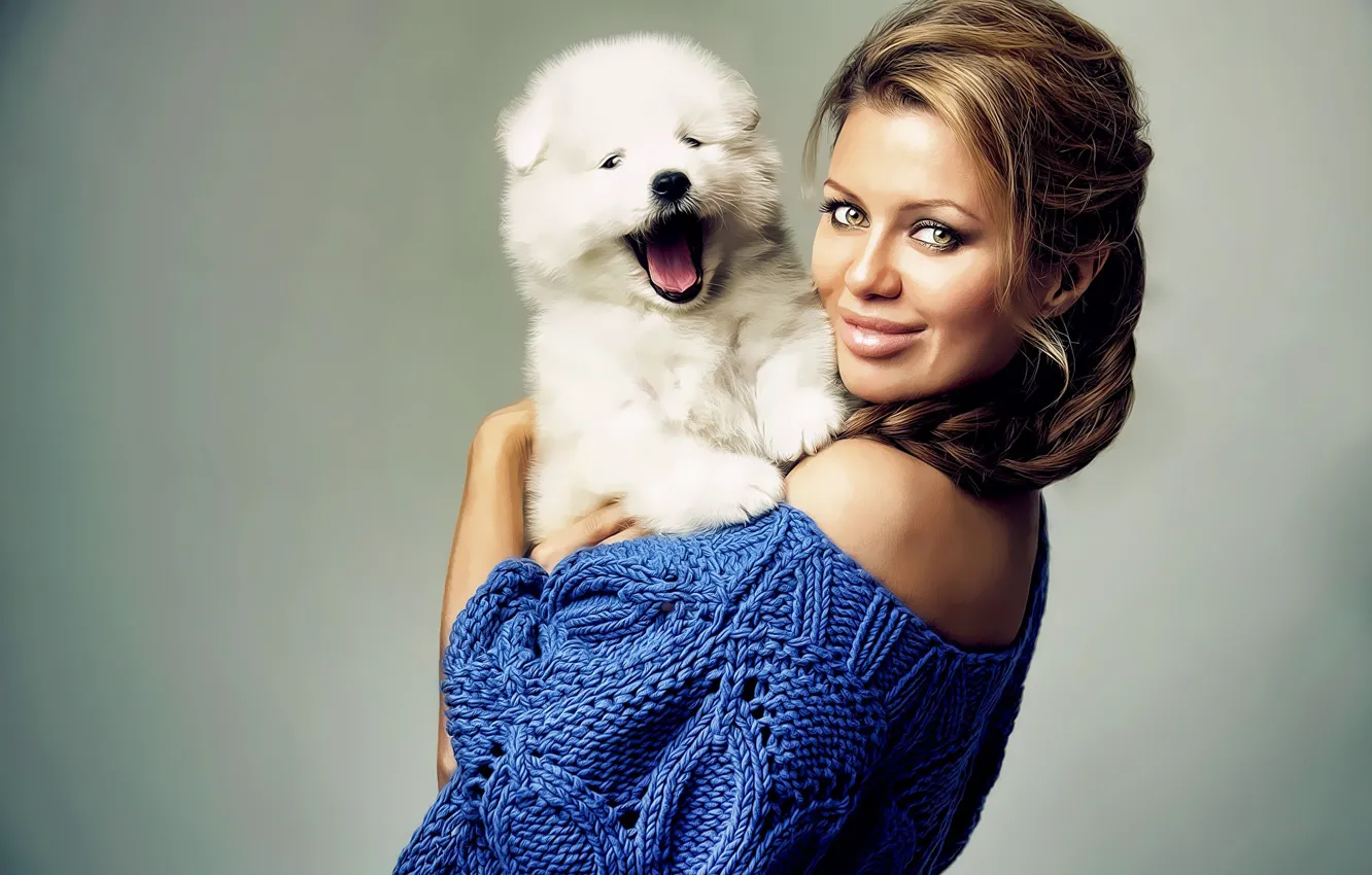 Photo wallpaper white, girl, dog, puppy, blue cardigan