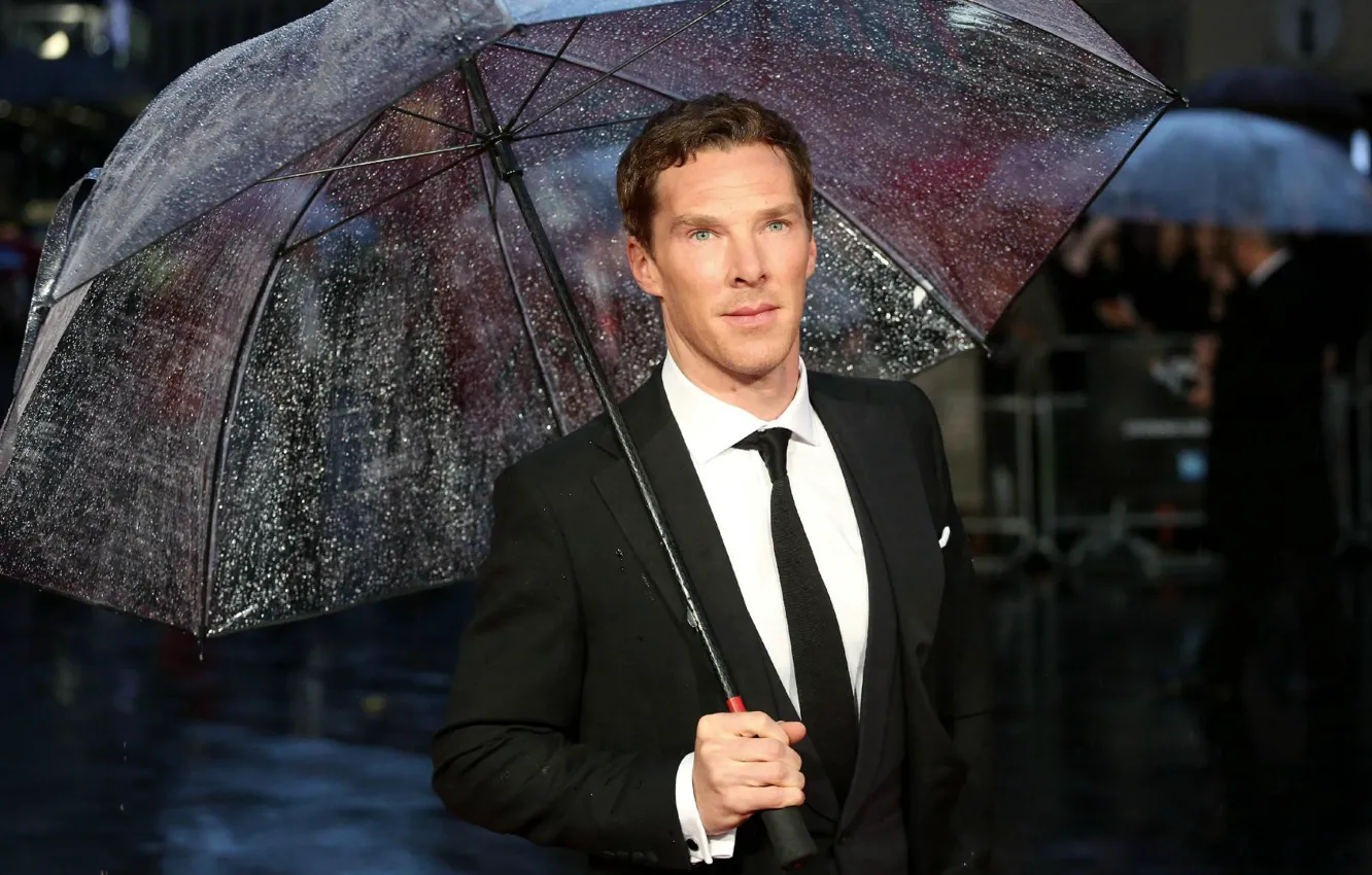 Photo wallpaper rain, umbrella, male, Benedict Cumberbatch, Benedict Cumberbatch, British actor