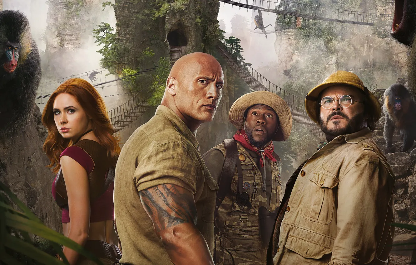 Photo wallpaper Dwayne Johnson, Dwayne Johnson, Jack Black, Jack Black, Karen Gillan, Karen Gillan, Kevin Hart, Kevin …