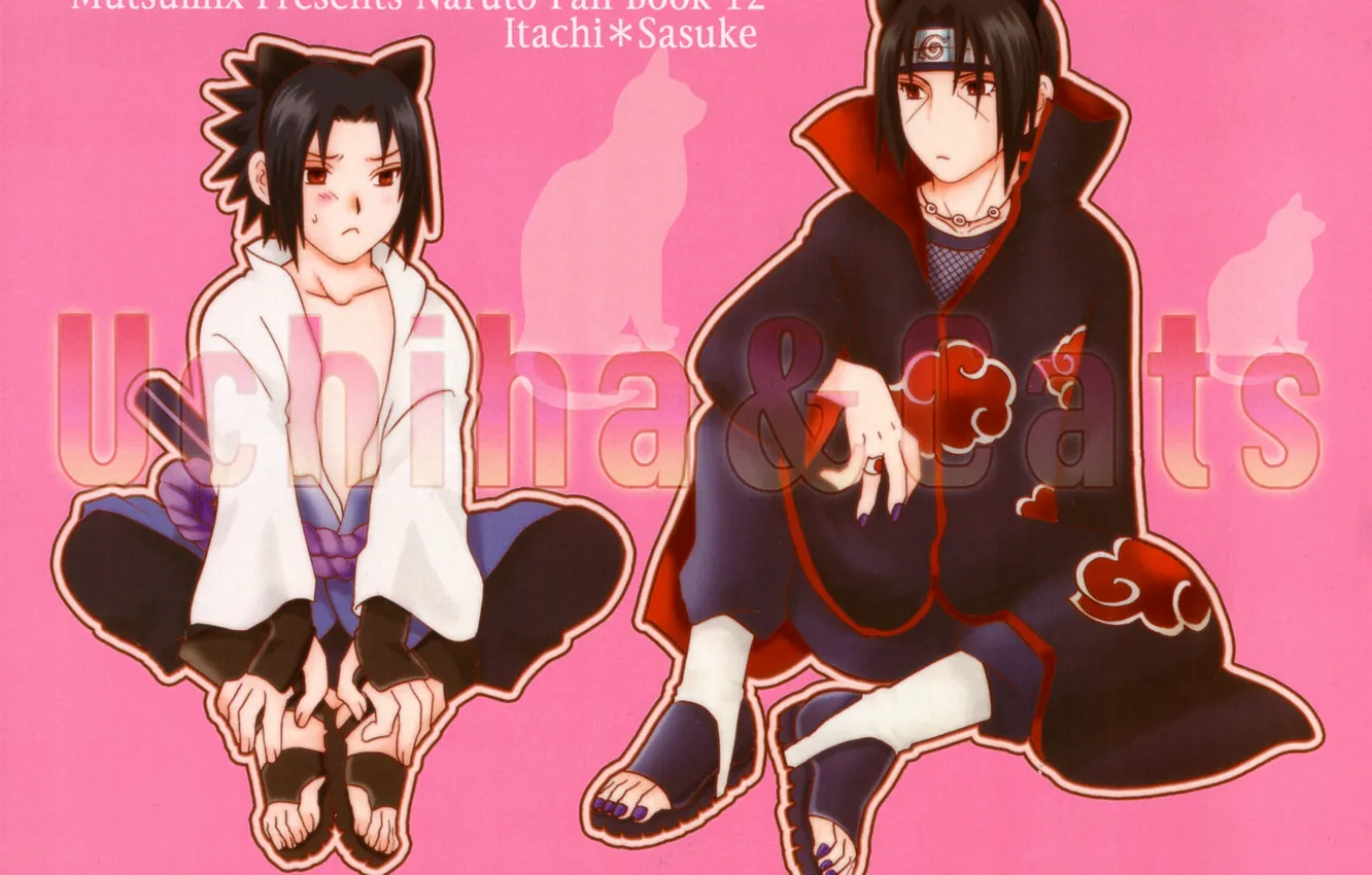 Photo wallpaper brothers, Naruto, red eyes, pink background, sitting, fanart, Itachi Uchiha, Sasuke Uchiha