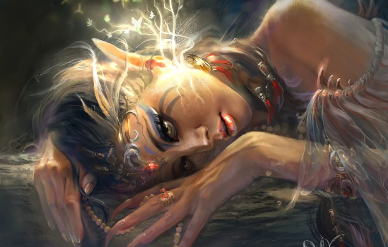 Photo wallpaper look, girl, decoration, fiction, elf, hands, ring, art