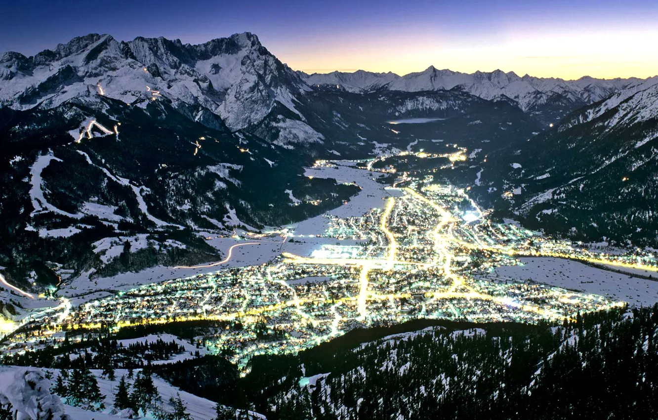 Photo wallpaper winter, mountains, lights, Germany, valley, Bayern, Garmisch-Partenkirchen