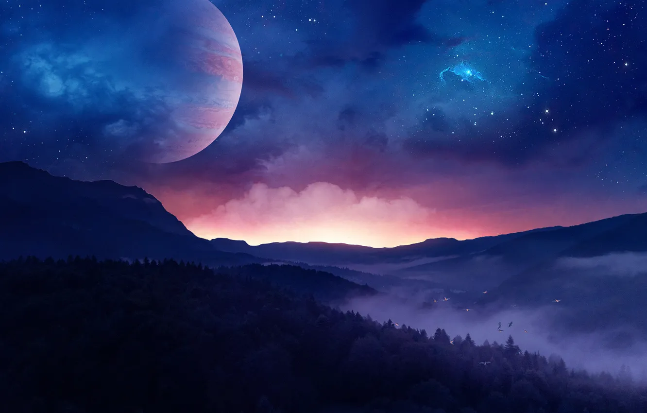 Photo wallpaper The sky, Night, Stars, Forest, Planet, Dawn, Landscape, Fiction