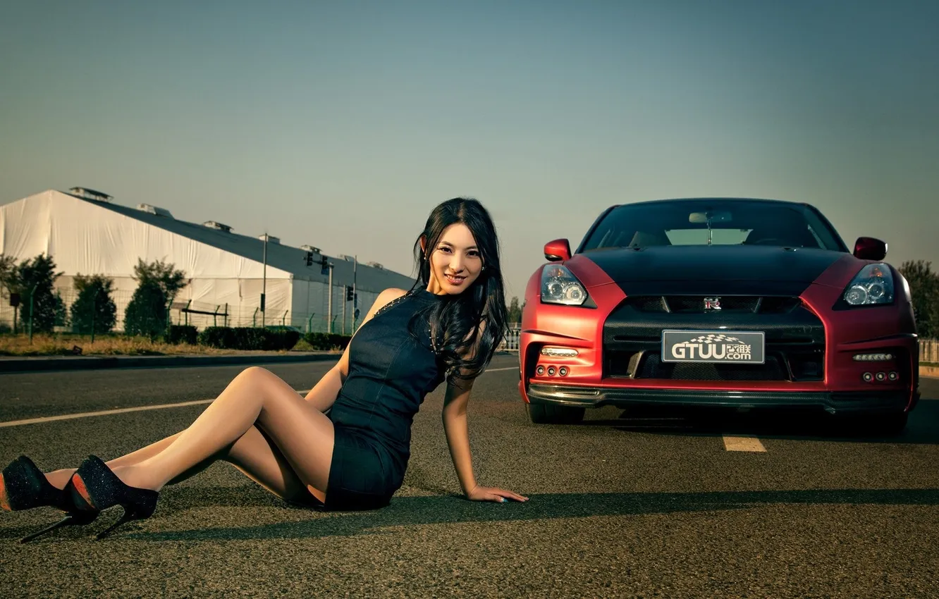 Photo wallpaper car, girl, legs, woman, young, beautiful, model, brunette
