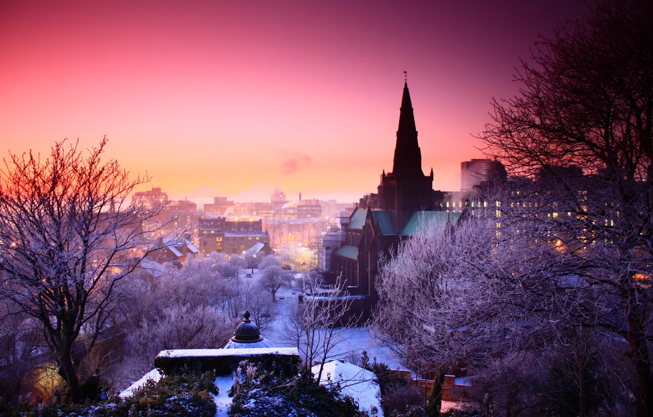 Photo wallpaper winter, sunset, the city