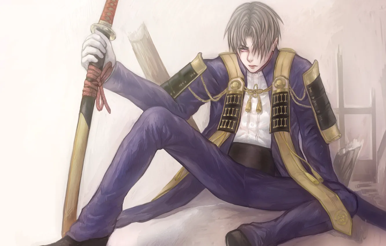 Photo wallpaper sword, katana, guy, sitting, Touken Ranbu, Dance of swords, Heshikiri Hasebe