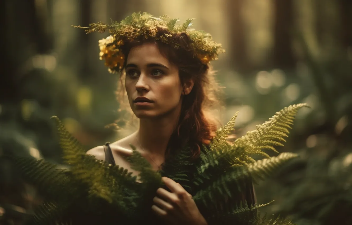 Photo wallpaper forest, look, girl, nature, face, portrait, fern, shoulders