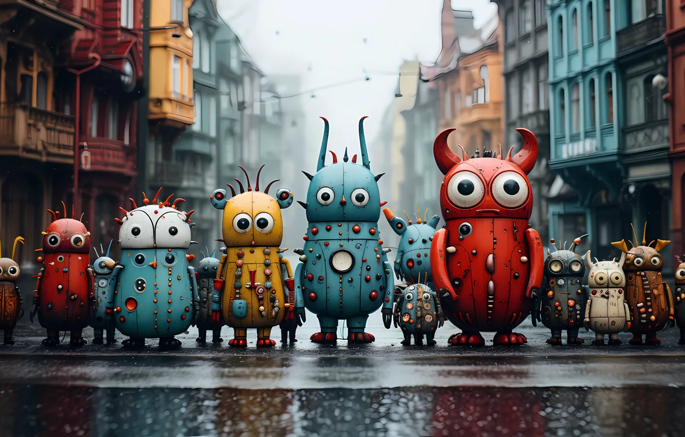 Photo wallpaper road, the city, fantasy, rain, toy, building, robot, home