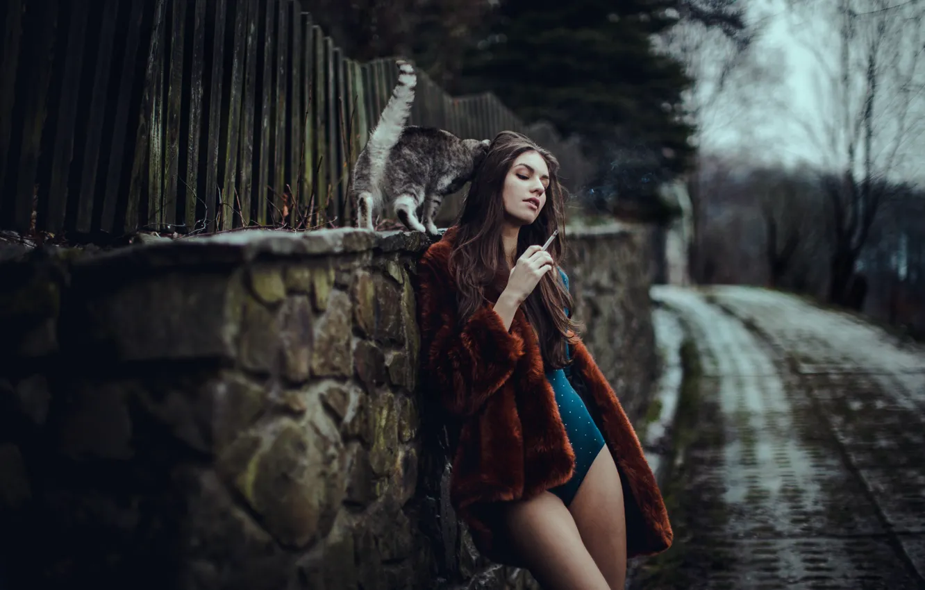 Photo wallpaper cat, girl, Magda