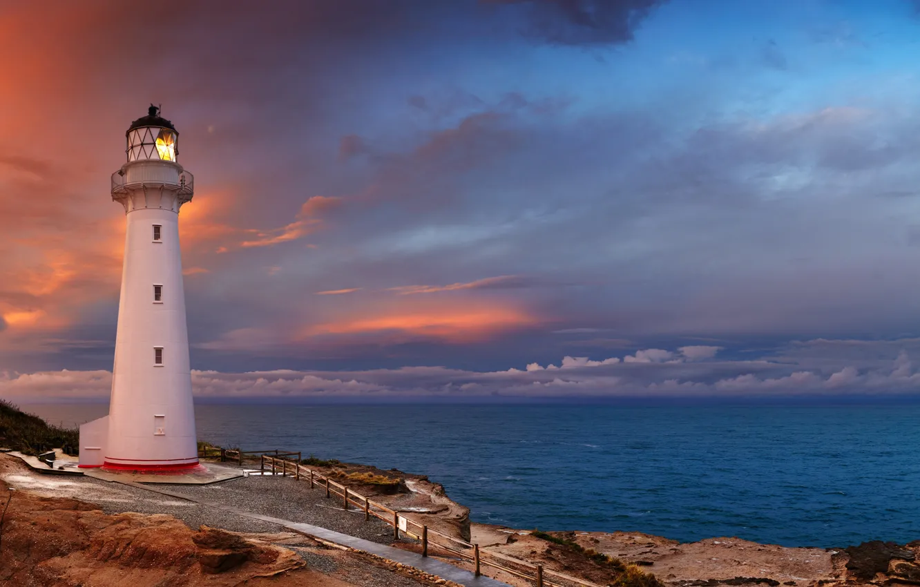 Photo wallpaper sea, sunset, lighthouse