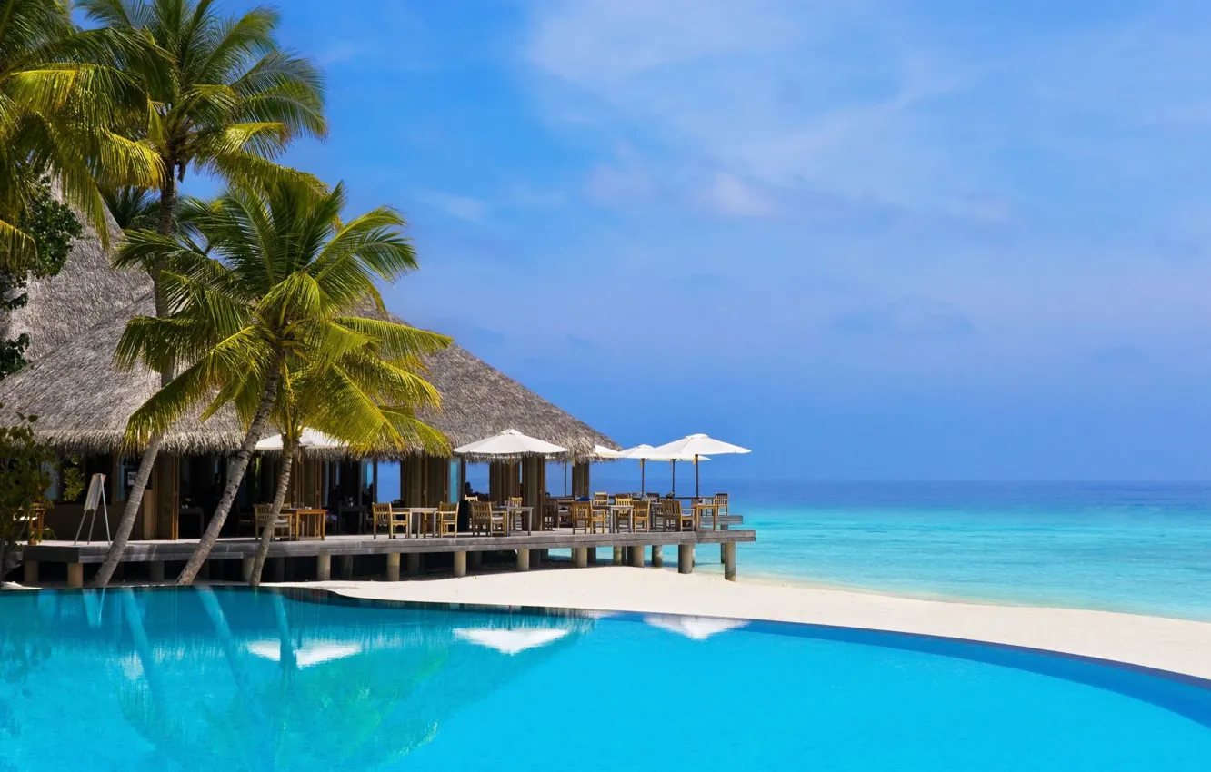 Photo wallpaper restaurant, The Maldives, Maldives, resort, Bungalow, luxurious summer resort, the ocean, pool