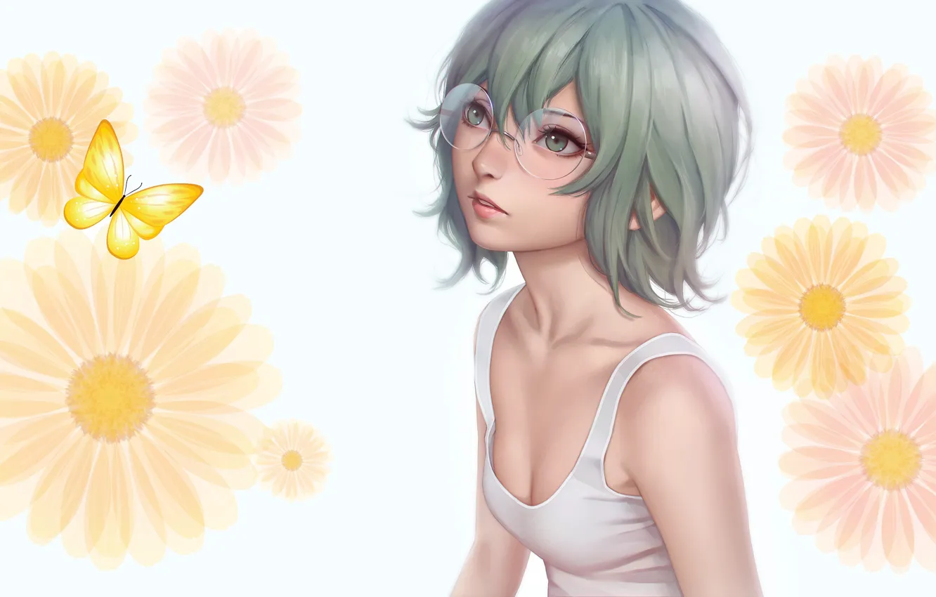 Photo wallpaper flowers, art, glasses, girl, Eto, Miura N315