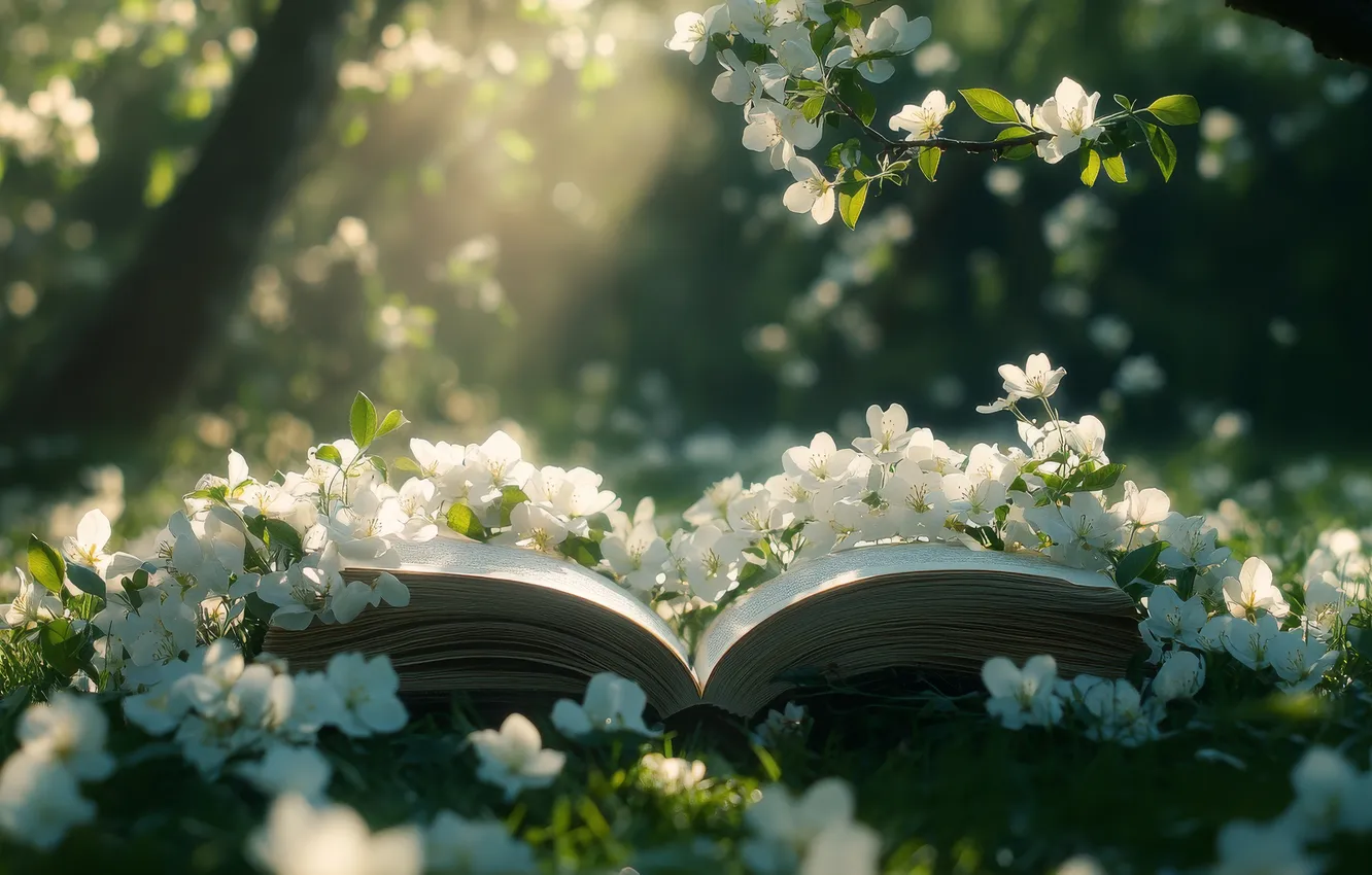 Photo wallpaper rays, light, flowers, branches, glade, shadow, spring, garden