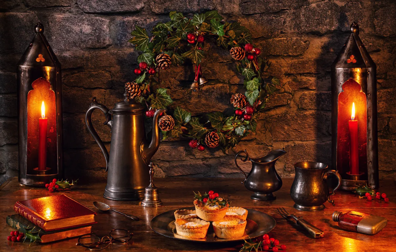 Photo wallpaper style, Gothic, candles, book, cake, wreath, coffee pot