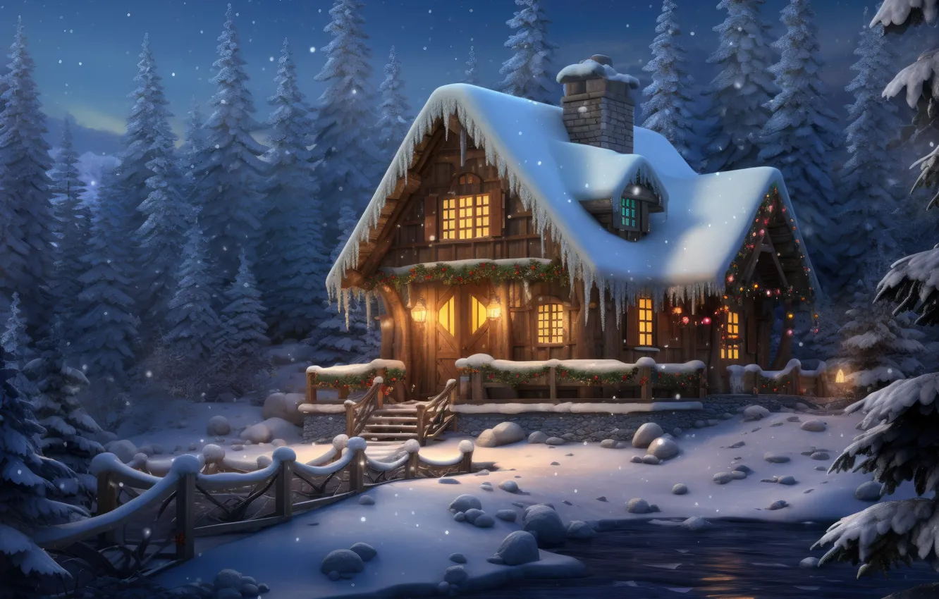 Photo wallpaper winter, snow, night, lights, New Year, frost, Christmas, house