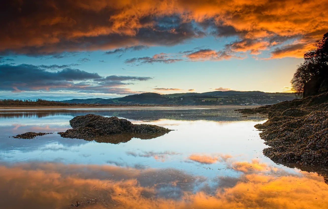 Photo wallpaper clouds, sunset, reflection, England, North Wales, the mouth of the river Conwy