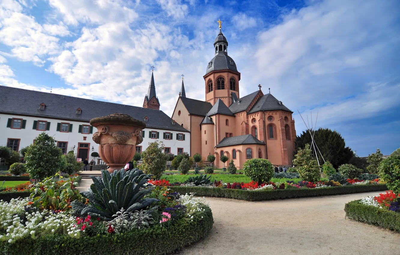 Photo wallpaper the sky, clouds, landscape, flowers, Park, Cathedral, flowerbed, Germany