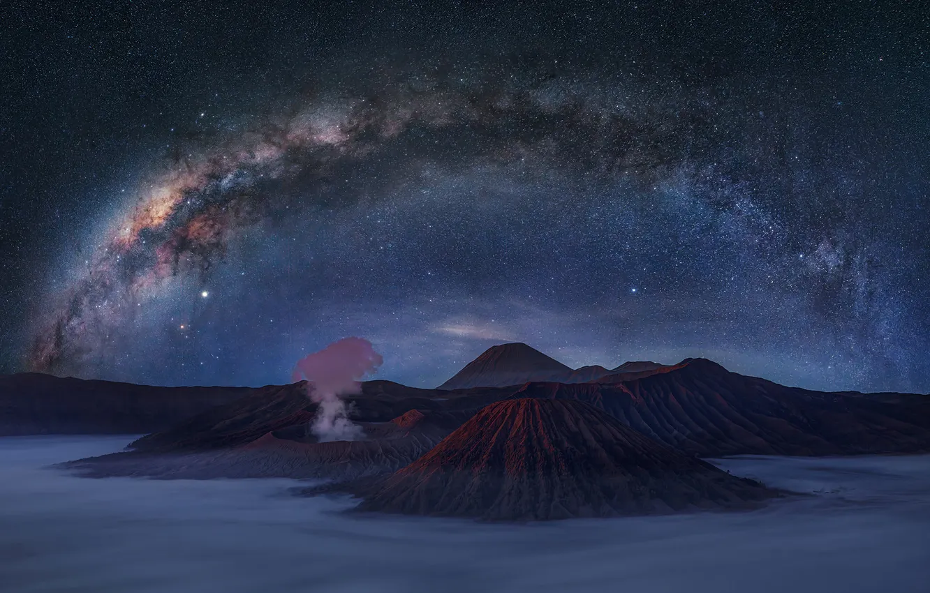 Photo wallpaper night, the volcano, the milky way, Bromo, Java