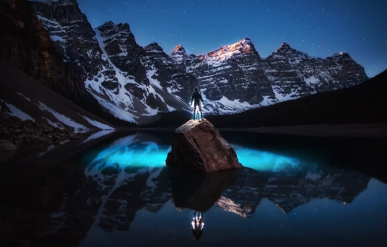 Photo wallpaper forest, the sky, water, stars, light, mountains, night, lake