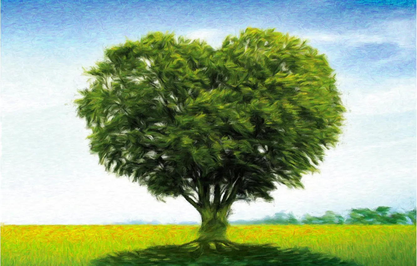 Photo wallpaper the sky, grass, trees, blue, green, heart, shadow
