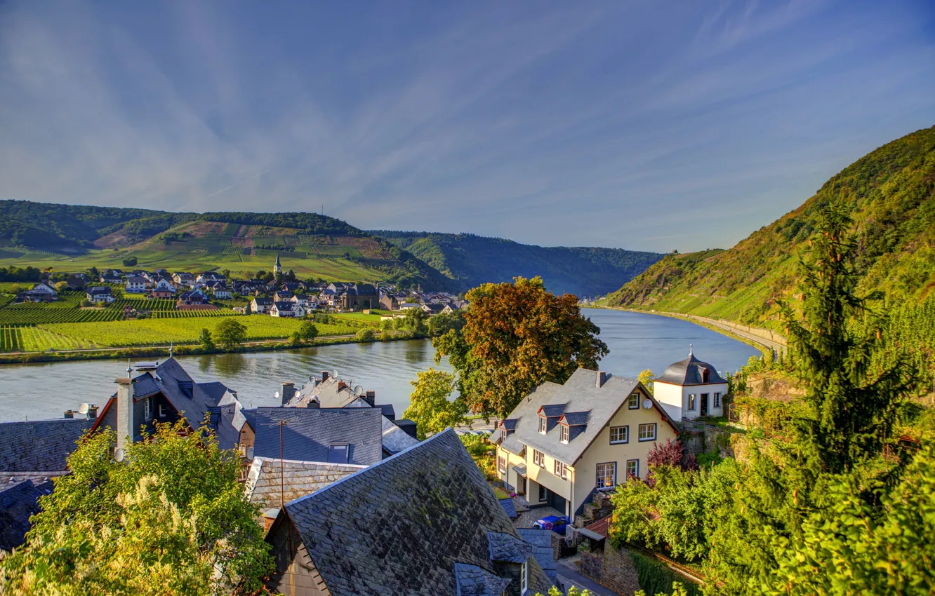 Photo wallpaper mountains, river, home, Germany, town, landscape., Beilstein