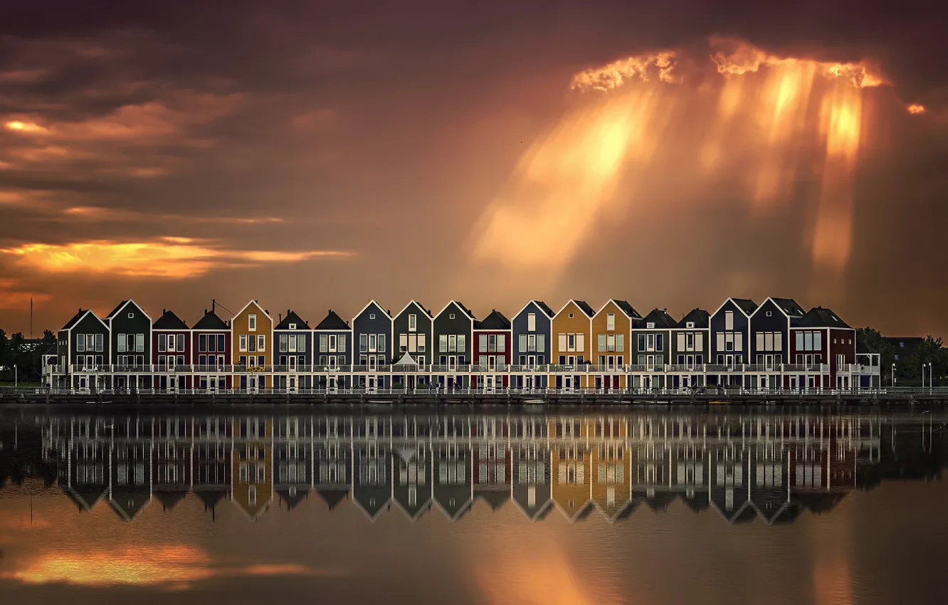 Photo wallpaper the sky, water, clouds, light, reflection, clouds, the city, houses