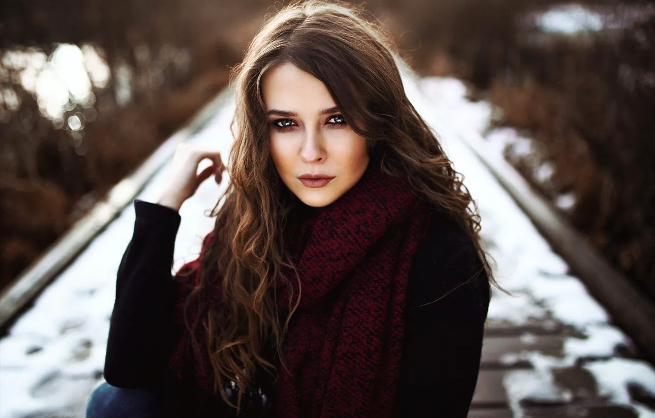 Photo wallpaper look, snow, model, portrait, makeup, scarf, hairstyle, brown hair