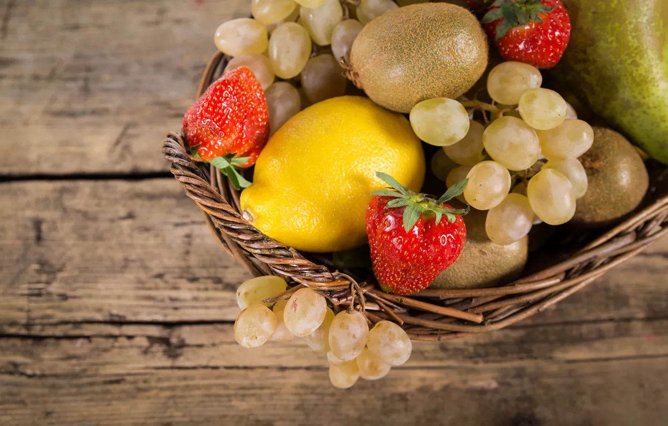 Photo wallpaper berries, lemon, Board, kiwi, strawberry, grapes, fruit, basket
