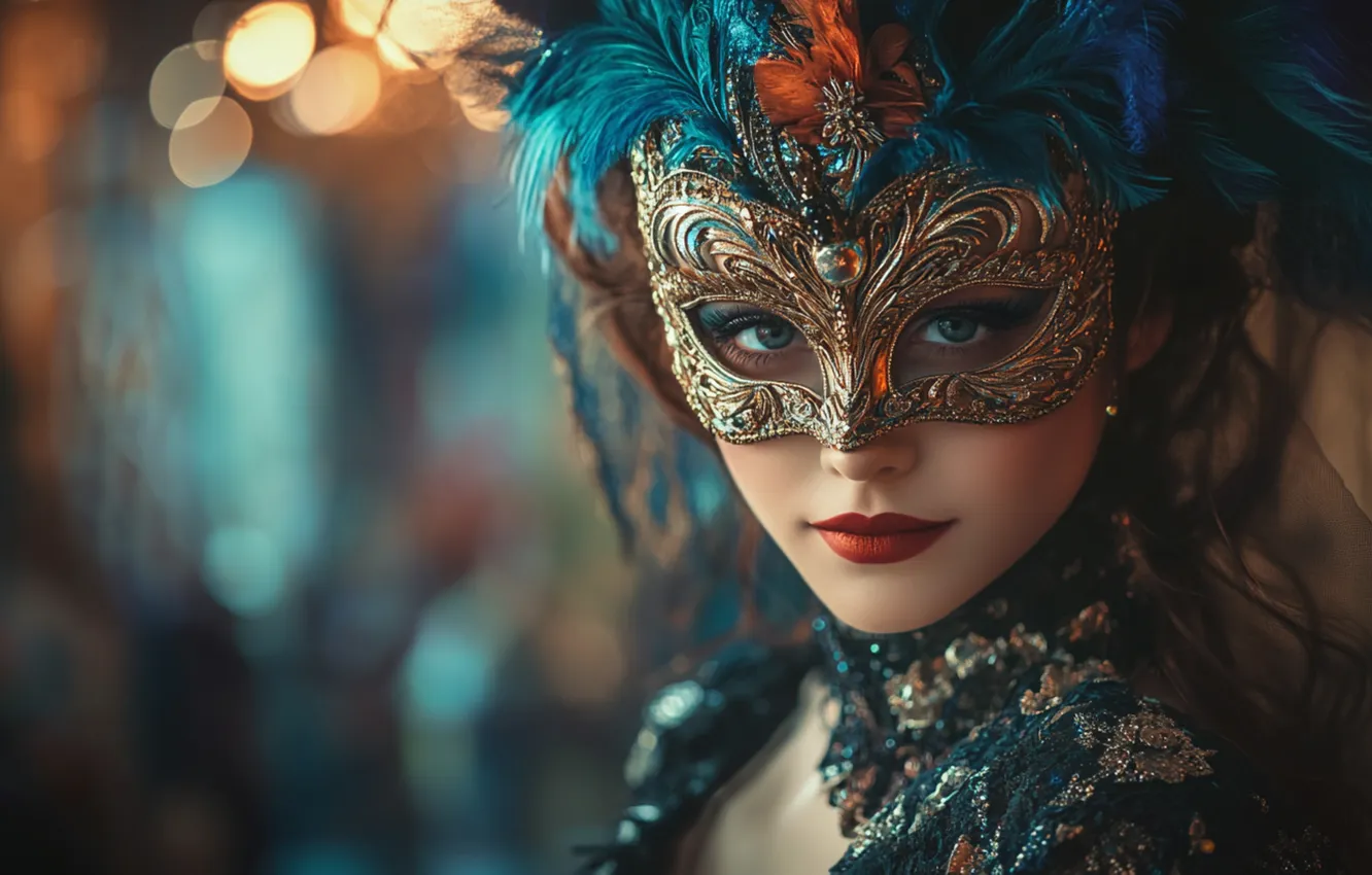 Photo wallpaper look, girl, light, face, patterns, feathers, mask, fantasy