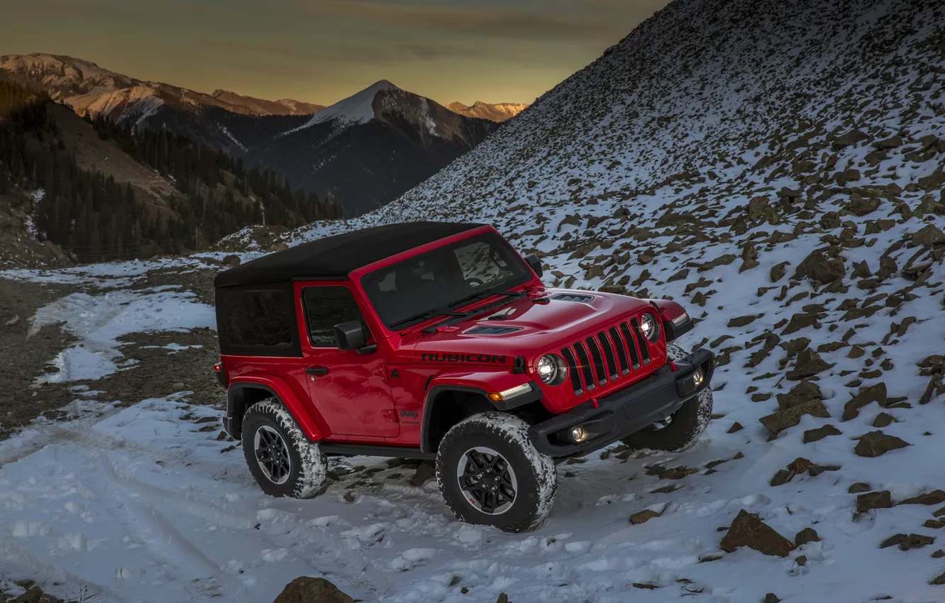 Photo wallpaper snow, mountains, red, 2018, Jeep, pass, Wrangler Rubicon