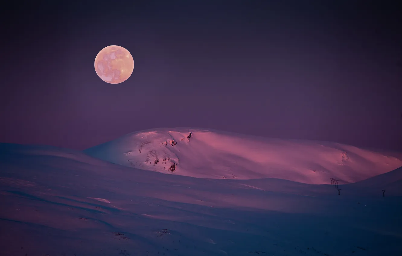 Photo wallpaper winter, field, mountains, night, hills, the moon, slope, the snow