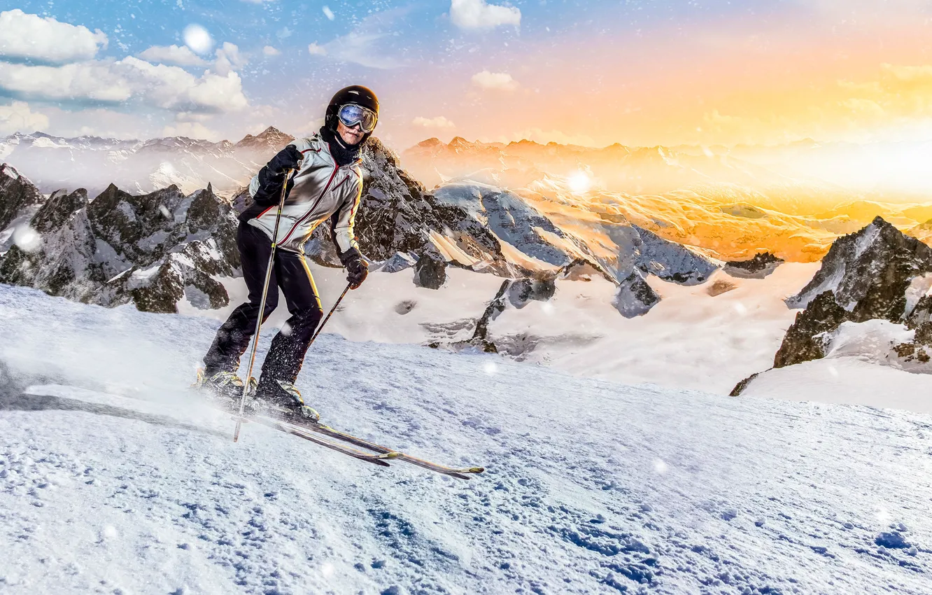 Photo wallpaper winter, the sky, the sun, clouds, snow, mountains, stones, ski