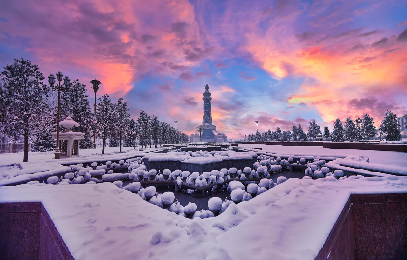 Photo wallpaper winter, snow, trees, sunset, Park, fountain, monument, Tajikistan