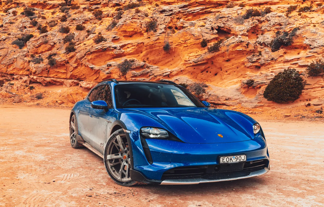 Photo wallpaper Porsche, Blue, Front, Wheels, Mud, Cross Turismo, 2021, Taycan