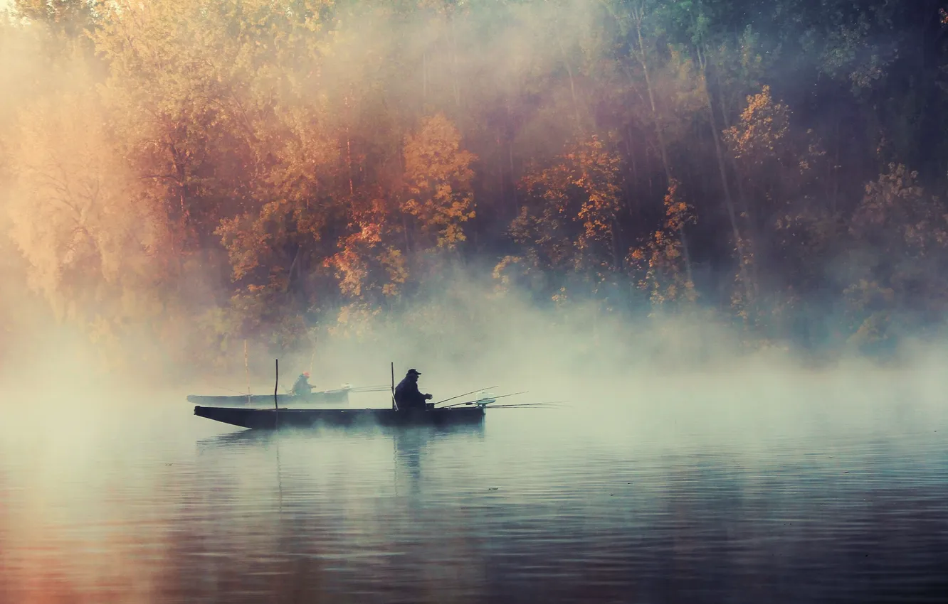 Photo wallpaper autumn, forest, trees, landscape, nature, fog, river, boat